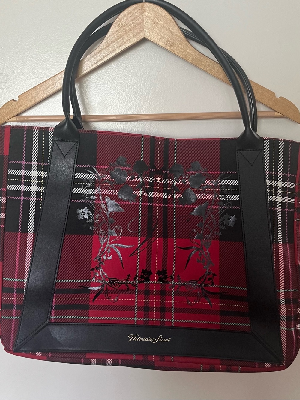 Victoria's Secret Red Plaid Tote with Black Accents